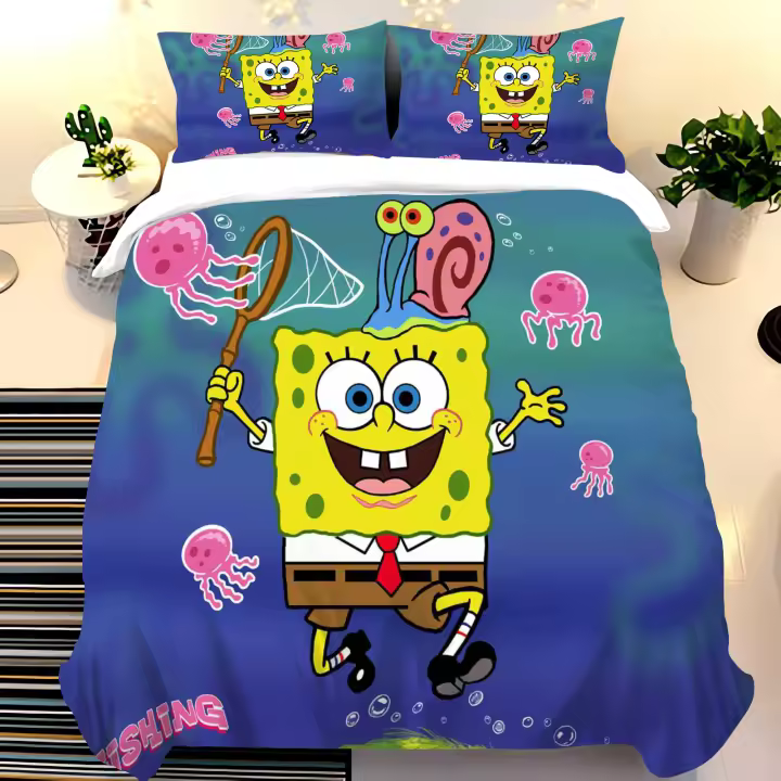 Juego de Funda de Edredón de Poliéster 3D SpongeBob SquarePants Tamaño de Cama Rey - 1