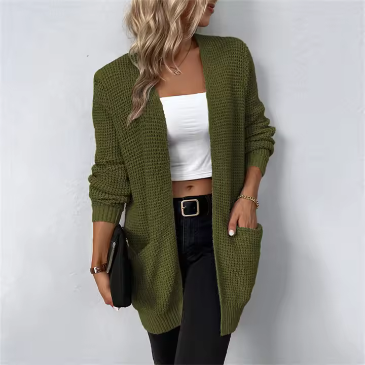 Suéter con bolsillo para mujer, cárdigan de manga larga con cuello en V, Tops casuales, Tops de punto, Color sólido, Coreano - 1