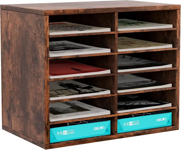 12 Compartimentos Madera A4 Bandeja Archivador Organizador Hojas Soporte Documentos Clasificador Oficina Almacenamiento Escritorio Estante Papeles, Blanco - 1