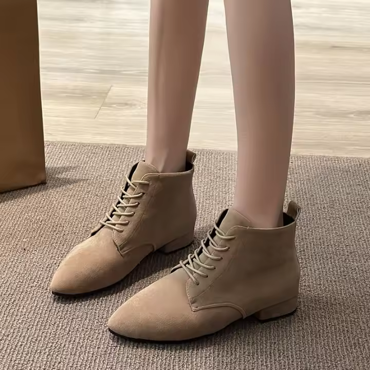 Ots cortos de estilo británico para mujer, ots de piel de color sólido con cordones, tacón grueso, talla grande, otoño e invierno - 1