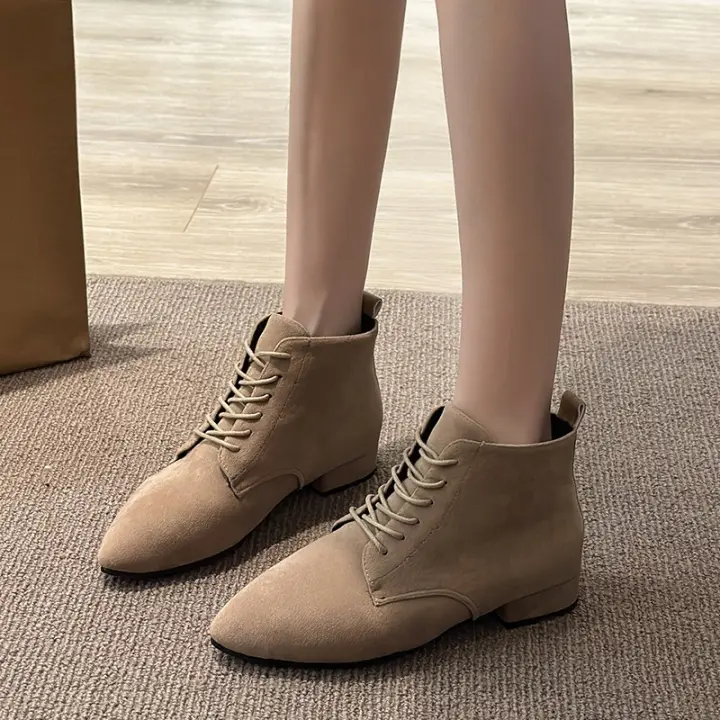 Ots cortos de estilo británico para mujer, ots de piel de color sólido con cordones, tacón grueso, talla grande, otoño e invierno - 1