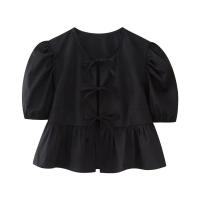 Blusa Elegante de Moda para Mujer 2025 Estilo Informal con Manga Corta y Abombada con Cuello Redondo Top de Algodón con Cordones y Lazo Blanco Dulce - details 22