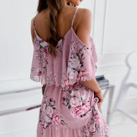 Vestido de gasa con volantes para mujer, sexy, sin mangas, estampado, fuera del hombro - details 3