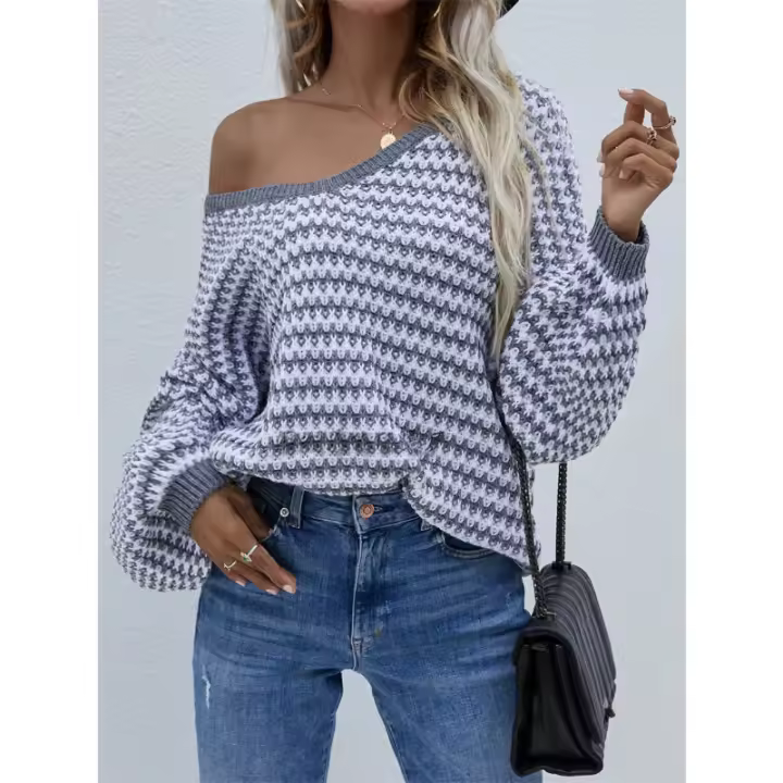 Suéteres de punto a rayas de otoño e invierno, suéteres extragrandes con cuello en V para mujer - 1