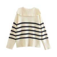 Jersey de punto a rayas para mujer, Jersey de manga larga con cuello en V, color Beige, Otoño e Invierno - details 3