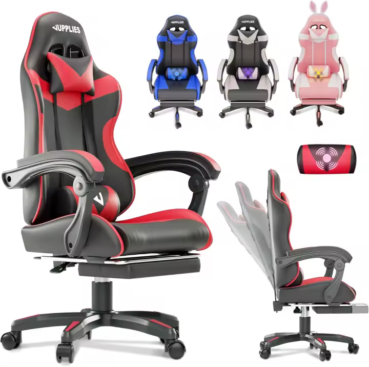 Silla de Juegos Profesional con Masajeador Ergonómica de Oficina con Altura Ajustable y Respaldar Rebotable - 1