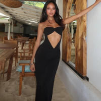 BUNO-Vestido de moda de verano sin tirantes sin espalda sin espalda con abertura en el lado hueco sin mangas sólido plisado Sexy fiesta de medianoche - details 1