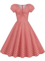 Elegant vintage dot print women summer puff short sleeve v neck casual a-line midi party dress - details 9