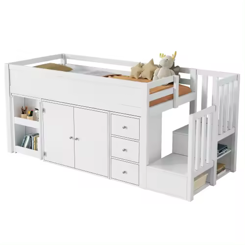 Camión de Niños Multifuncional Cama Extensible, Escritorio, Almacenamiento Lateral, Armario, Cajón, Escalera, Sin Colchón MDF Blanco 90*200 - 1