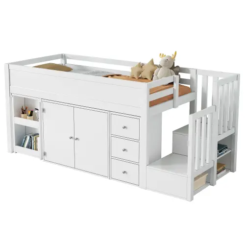 Camión de Niños Multifuncional Cama Extensible, Escritorio, Almacenamiento Lateral, Armario, Cajón, Escalera, Sin Colchón MDF Blanco 90*200 - 1