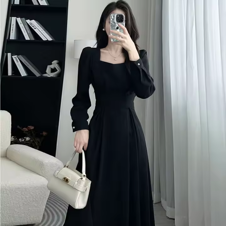 Elegante Vestido Midi de Cintura Alta Cintura A-Line de Fibra de Poliéster - 1