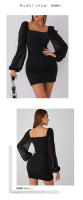 Vestido ajustado elegante y sexy con cuello cuadrado, mangas largas abullonadas de retazos de malla y corte ajustado fruncido para mujer - details 5