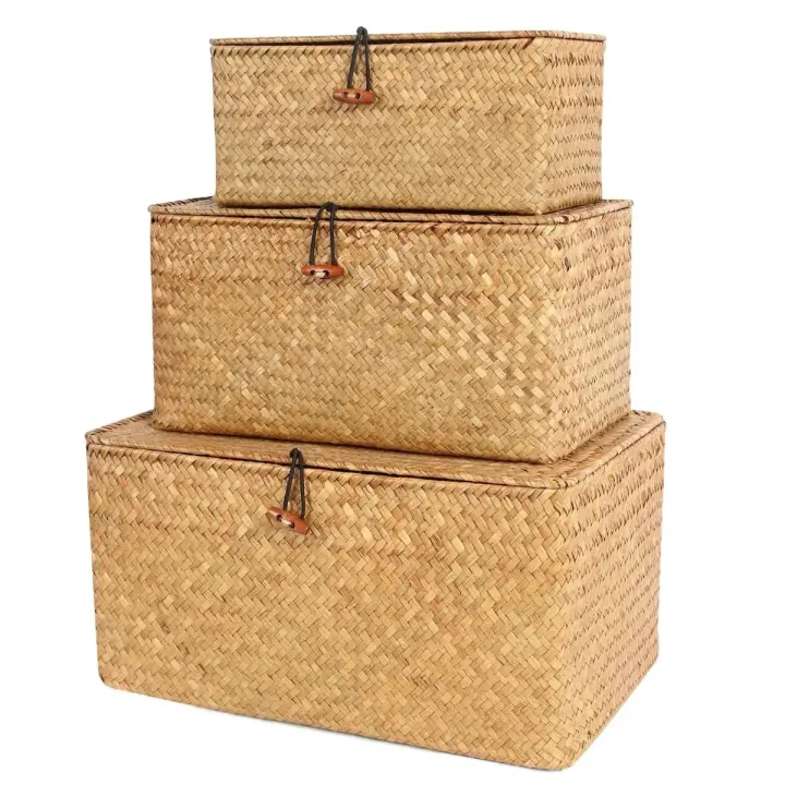 Cestas de estante con tapa, Juego de 3 cajas de almacenamiento de algas marinas tejidas a mano, cesta de mimbre - 1