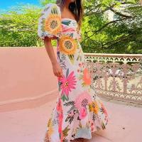 Vestido Maxi de Verano para Mujer Manga Corta, Cuello Cuadrado, Estilo Ple Pleito, Impresión Acolchado, Delgado, Perfecto para Fiestas y Vacaciones - details 9