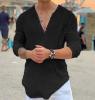 Blusa de lino para hombre, camisa informal de manga larga con cuello en V, color blanco y negro, talla grande 3xl, 2xl - details 1
