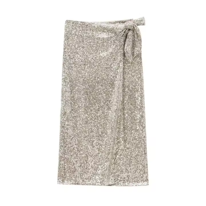 BUNO-Falda midi envolvente con lentejuelas para mujer, cintura alta con lazo atado, faldas femeninas, fiesta, moda - 1