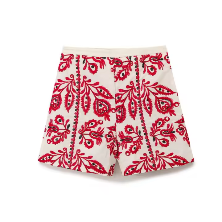 2025 primavera y verano nuevo estilo europeo y americano de las mujeres de la moda de la calle casual versátil pantalones cortos bordados de cintura alta 273 - 1