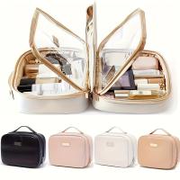 Bolsa de maquillaje de doble capa de cuero PU transparente con cremallera, 1 unidad - details 0