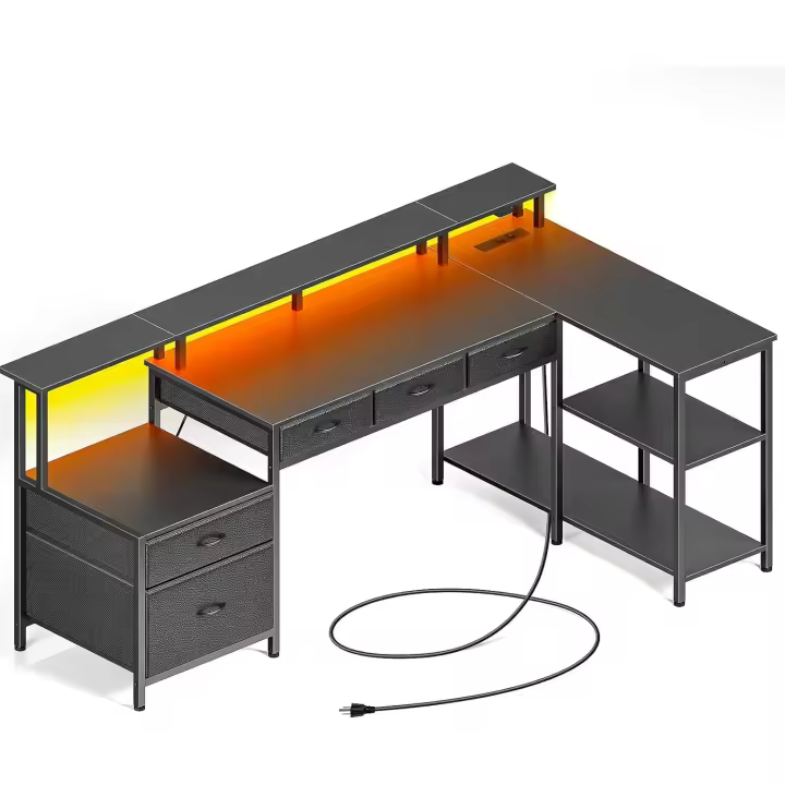 Escritorio Gaming Reversible con Tomas de Corriente, LED y Soporte para Monitor, Mesa Ordenador para - 1