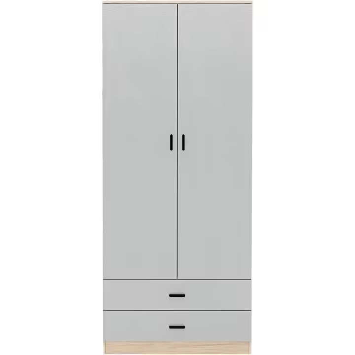 Armario alto de madera de roble de 2 puertas con 2 cajones de almacenamiento de dormitorio para colgar ropa (carcasa de roble + cajones grises) - 1