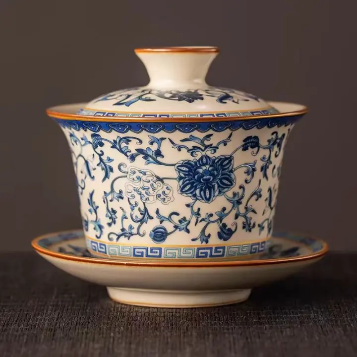Azul y blanco, beige, horno Ru, juego de cuencos con tapa de cerámica de Kung Fu, olla doméstica, tetera de alta gama - 1