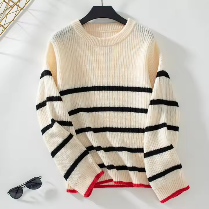 Suéter a rayas con bloques de color, nuevo suéter de punto informal de manga larga para mujer de otoño e invierno - 1