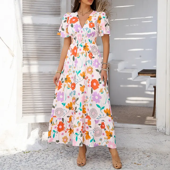 2025 Primavera / Verano Casual Bomisia Vacaciones Estilo Estampado Contraste Color Cuello en V Cintura alta Vestido de manga corta - 1