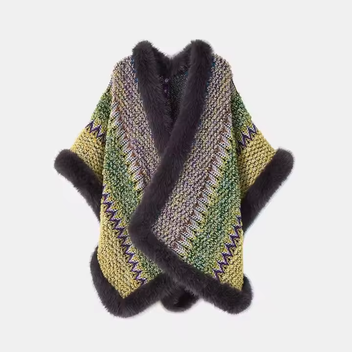 Chaleco de poncho para mujer con borlas de piel sintética abrigo cardigan de punto grueso con bloque de color para otoño e invierno material acrílico - 1
