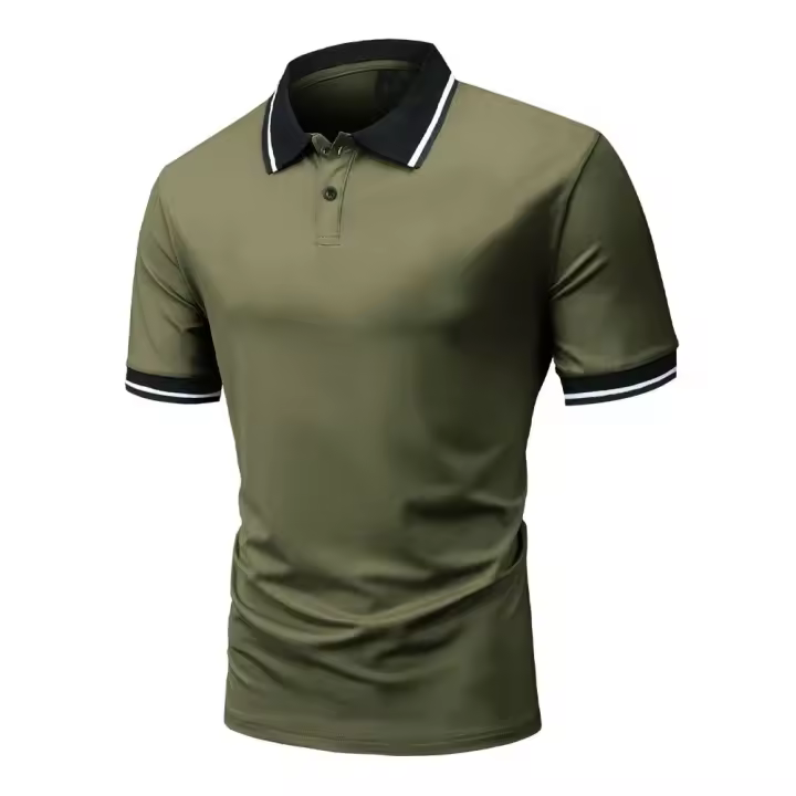 Fashionable Men's Striped Trim Printed Button Front Polo Shirt, Summer Clothing, Casual, Soft and Comfortable Short Sleeves - 1