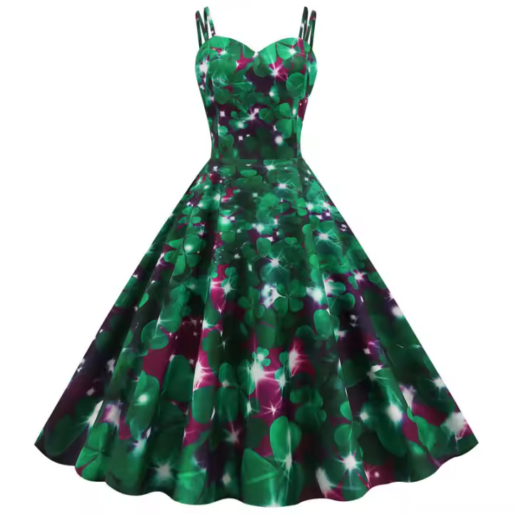 Vestido midi vintage elegante y ajustado con cintura alta, estampado floral verde de verano y tirantes finos para mujer. - 1
