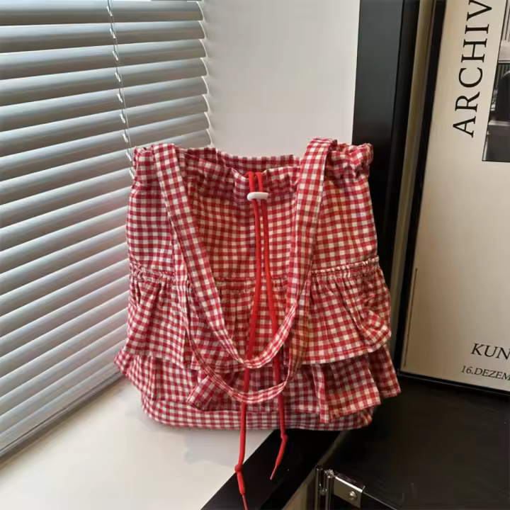 Bolso de hombro ligero de estilo coreano con forma de hoja de loto, bolso de mano a cuadros de gran capacidad, bonito bolso portátil con cordón de viaje - 1