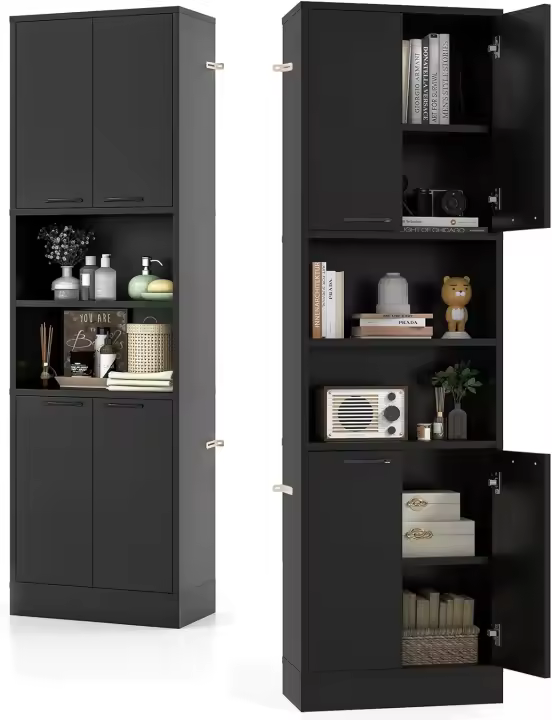 Aparador de Cocina con 2 Armarios con Puertas y Estantes Abiertos, Armario Alto de 6 Niveles con Dispositivo Antivuelco, Mueble de Almacenamiento para Salón, 56 x 30 x 190 cm (Blanco) - 1