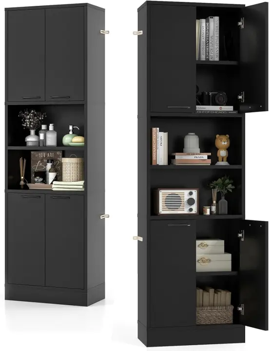 Aparador de Cocina con 2 Armarios con Puertas y Estantes Abiertos, Armario Alto de 6 Niveles con Dispositivo Antivuelco, Mueble de Almacenamiento para Salón, 56 x 30 x 190 cm (Blanco) - 1