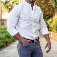 Camisa casual deportiva de manga larga para hombre, color sólido, delgada, ligeramente elástica, con botones - details 1