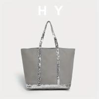 Bolso de mano de gran capacidad para mujer con acento de lentejuelas - Bolso de hombro elegante con cierre de cremallera, forro de poliéster duradero y correa fija, bolso elegante para el día a día para el trabajo, viajes, compras (gris claro/marrón oscur - details 2