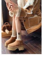 Zapatos de algodón de cuero con plataforma de tacón alto, botines cortos de terciopelo con tacón grueso, botines de tacón bajo. - details 25
