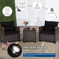 Conjunto de jardín exterior de ratán de 3 piezas, 1 mesa auxiliar de vidrio templado y 2 sillas con cojines, muebles de jardín terraza balcón exterior (negro) - details 5