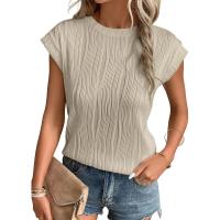 Camisetas con textura de manga corta para mujer, camisetas básicas informales holgadas de punto con cuello redondo, blusas - details 25