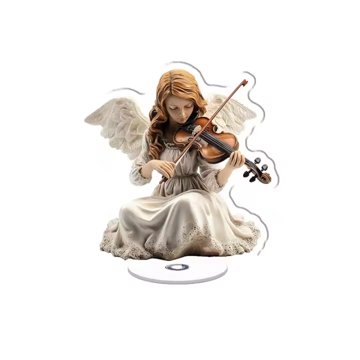 Figura acrílica giratoria de un elegante ángel tocando el violín con exquisitos detalles y colores vibrantes sobre fondo blanco. - 1
