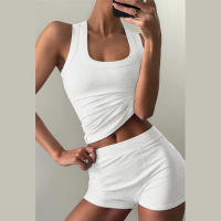 BUNO-chándales informales para Mujer, conjunto de 2 piezas, chalecos cortos elásticos con cuello en U y pantalones cortos acanalados, ropa deportiva concisa para gimnasio - details 11