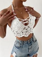 Corpiño bohemio con huecos, top de bikini para mujer, cuello halter con tirantes, mezcla de rayón/viscosa, ligero estiramiento, color sólido, tejido de punto, 110 g/m², con almohadilla para el pecho - Ropa de playa para adultos - details 2