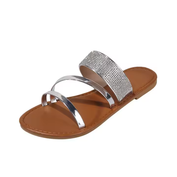 Sandalias de playa informales de una línea con diamantes de imitación planos E - 1