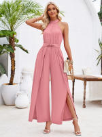 Mono pantalon mujer pierna ancha  Color puro Casual Sexy y elegante Collar COLGANTE Mono plisado - details 3