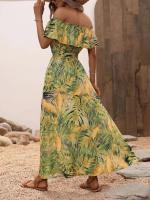 Ropa de mujer, novedad de verano 2025, vestido estampado con un cuello para vacaciones, falda larga con abertura ceñida en la cintura para mujer - details 3
