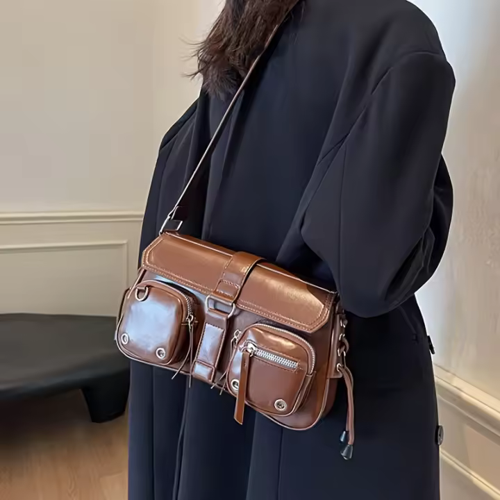 Bolso cruzado de PU a la moda 2024 Bolso de hombro único café marrón Bolso minimalista para mujeres - 1