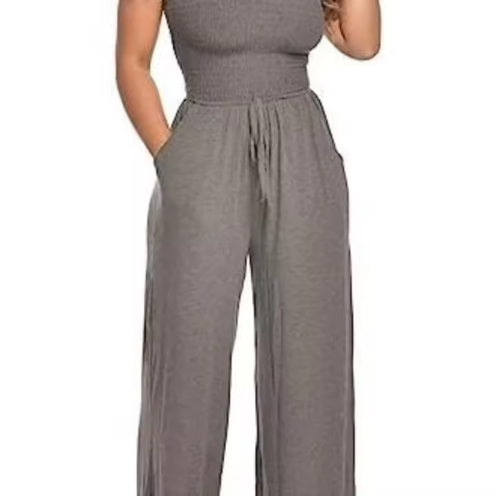 Mono ahumado de color sólido con hombros descubiertos, mono de pierna ancha sin tirantes para mujer con bolsillo - 1