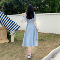 Diseño sentido falso dos piezas de temperamento artístico vestido camisero con cuello en V falda larga de cintura suave francesa de verano para mujer - details 7