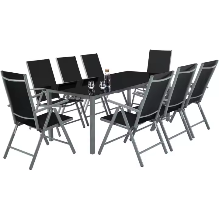 Conjunto Muebles Jardín Exterior 9 Piezas, Estructura de Aluminio, Mesa y Sillas Terraza Impermeables, Resistentes a Intemperie, Sillas Plegables y Reclinables, Tela Transpirable - Plata - 1