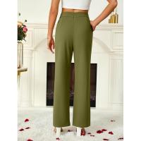 Acampanado para mujer, botones cruzados lisos, pierna recta, cintura alta, pantalones casuales de algodón elástico cómodo - details 14