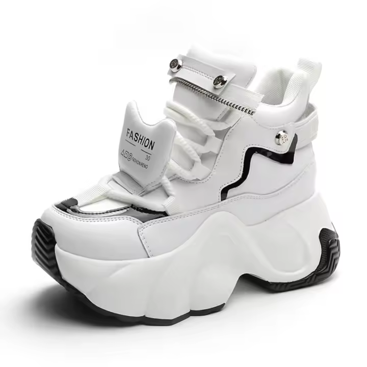 Zapatillas altas de cuero para mujer Zapatos chunky de primavera con cordones - 1